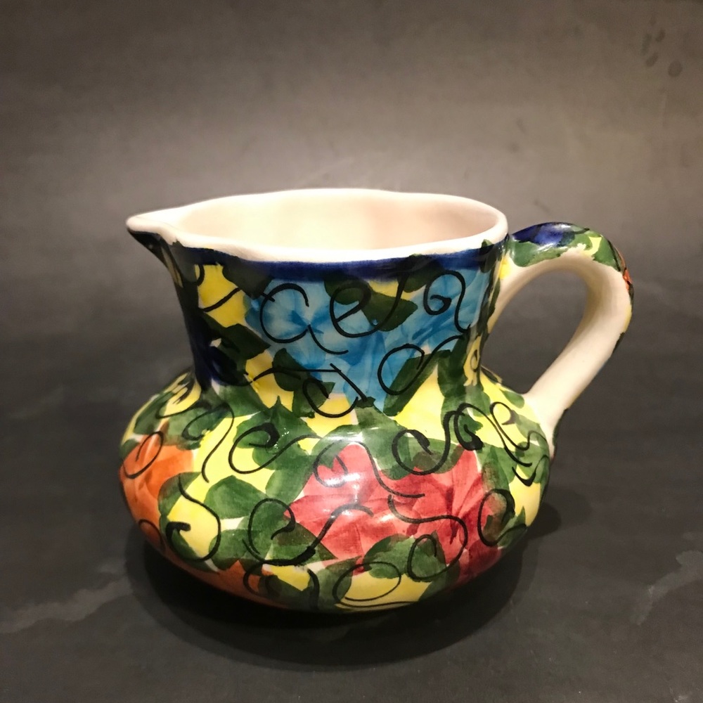 Mexican Pottery Abstract Floral 16 Oz Pitcher Hand Made & Painted.